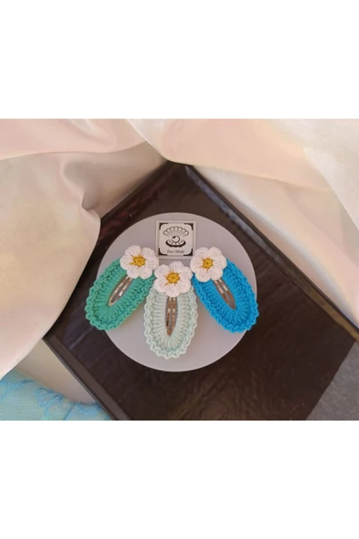 Papatya Çiçek  Su Yeşili Mavi Turkuaz Soft 3 lü Kombin Çıtçıt Toka Seti,El Örgüsü Toka Su Yeşili Tek Ebat - Resim 2