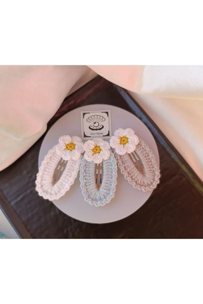 Papatya Çiçek Taş Bebek Mavi Beyaz 3 lü Pastel Kombin Çıtçıt Toka Seti,El Örgüsü Toka Taş Tek Ebat ürün görseli