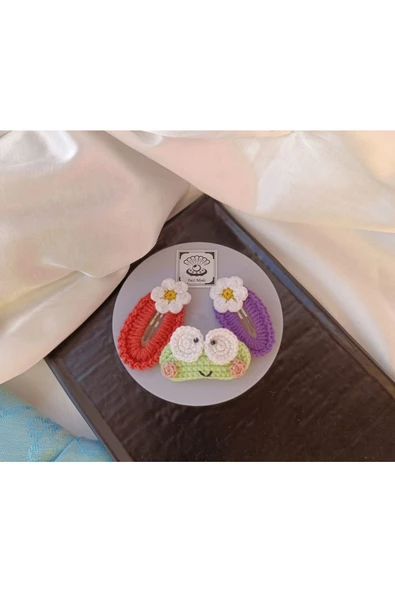 Sevimli Kurbağa Çiçekli Pembe Açık Mor 3'lü Çıtçıt Toka Seti,El Örgüsü Amigurumi Toka Pembe Tek Ebat - 2