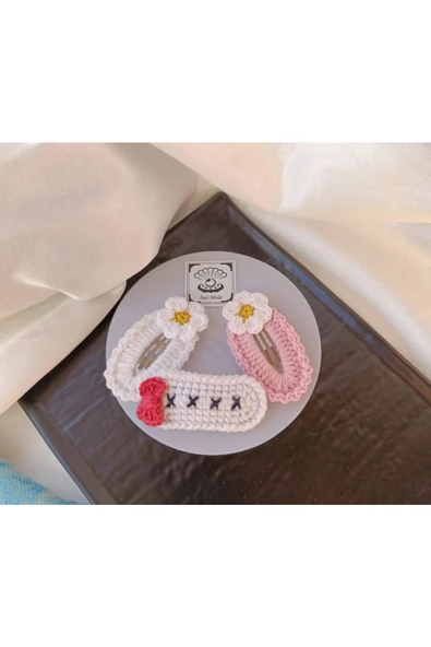 Sevimli Fiyonk Çiçekli Açık PembeFuşya Beyaz Kombin 3'lü Çıtçıt Toka Seti,El Örgüsü Toka Fuşya Tek Ebat - 2