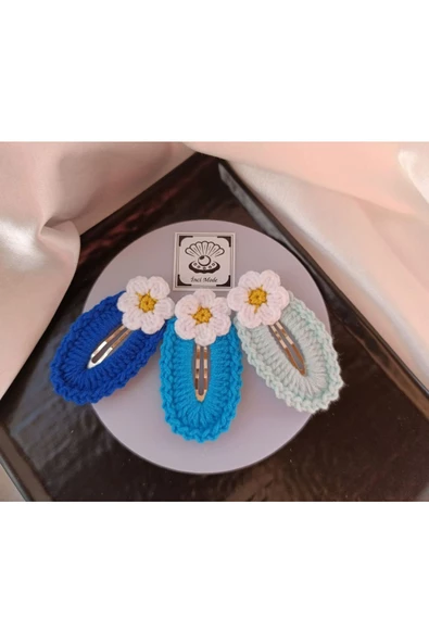 Papatya Çiçek Gri Mavi Saks Mavi 3 lü Kombin Çıtçıt Toka Seti,El Örgüsü Toka Gri Tek Ebat ürün görseli