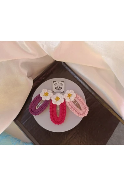 Papatya Çiçek Mor Fuşya Pembe 3 lü Kombin Çıtçıt Toka Seti,El Örgüsü Toka Fuşya Tek Ebat - Resim 2