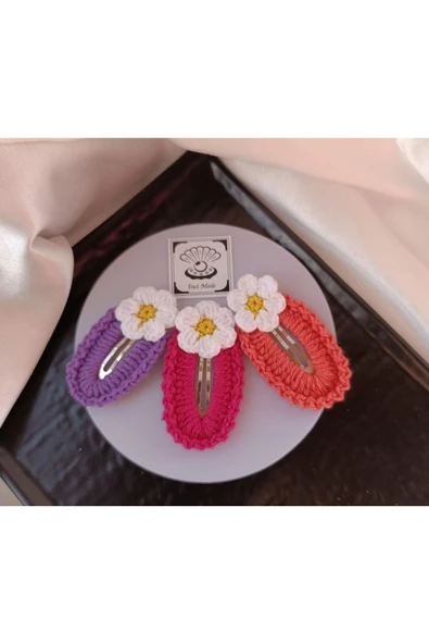 Papatya Çiçek Mor Kırmızı Nar Çiçeği 3 lü Kombin Çıtçıt Toka Seti,El Örgüsü Toka Mor Tek Ebat - Resim 2