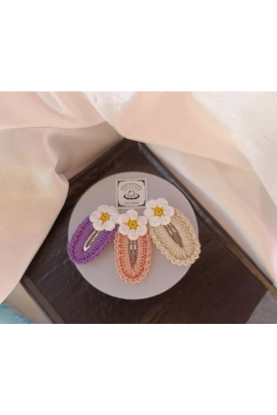 Papatya Çiçek Taş Açık Mor Somon 3 lü Kombin Çıtçıt Toka Seti,El Örgüsü Toka Taş Tek Ebat - 2