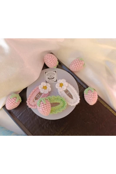 Çilekli Papatya Çiçekli Açık Yeşil Açık Balerin Pembe 3 lü Çıtçıt Toka Seti,El Örgüsü Toka Açık Yeşil Tek Ebat - Resim 2