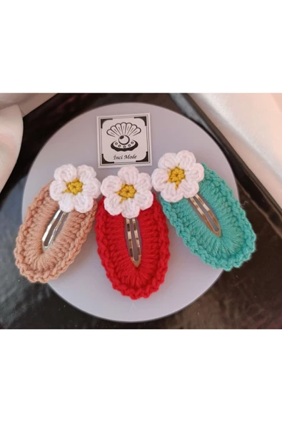 Papatya Çiçek Somon Kırmızı Turkuaz 3 lü Kombin Çıtçıt Toka Seti,El Örgüsü Toka Kırmızı Tek Ebat - 2