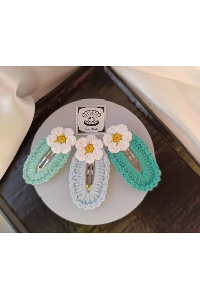 Papatya Çiçek  Su Yeşili Bebek Mavi Turkuaz Soft 3 lü Kombin Çıtçıt Toka Seti,El Örgüsü Toka Su Yeşili Tek Ebat - 1
