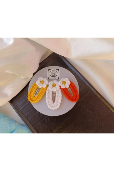 Papatya Çiçek  Sarı Beyaz Turuncu 3 lü Çıtçıt Toka Seti,El Örgüsü Toka Sarı Tek Ebat - 2