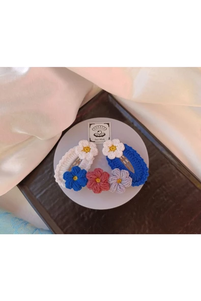 Papatya Çiçek Beyaz Saks Mavi Çok Renkli 3 lü Çıtçıt Toka Seti,El Örgüsü Toka Saks Mavi Tek Ebat - 2