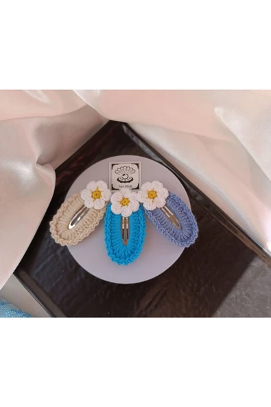 Papatya Çiçek Taş Mavi kot Mavi 3 lü Kombin Çıtçıt Toka Seti,El Örgüsü Toka Taş Tek Ebat - Resim 2