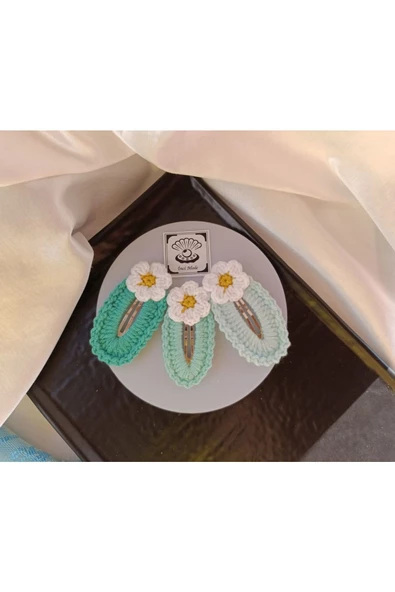 Papatya Çiçek Turkuaz Su yeşili Açık Su Yeşili 3 lü Kombin Çıtçıt Toka Seti,El Örgüsü Toka Turkuaz Tek Ebat - 2