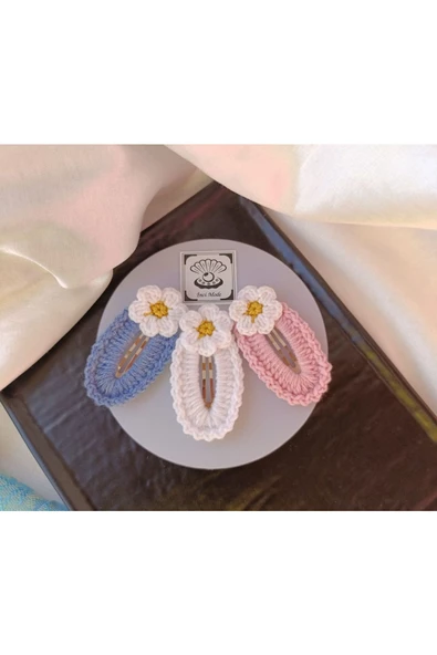 Papatya Çiçek  Beyaz Açık Balerin Pembe Soft Mavi 3 lü Çıtçıt Toka Seti,El Örgüsü Toka Pembe Tek Ebat ürün görseli