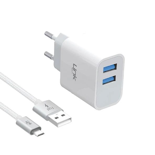 LinkTech C203 Çift USB Çıkışlı Micro USB Kablolu 10W 2.1A Şarj Aleti Beyaz