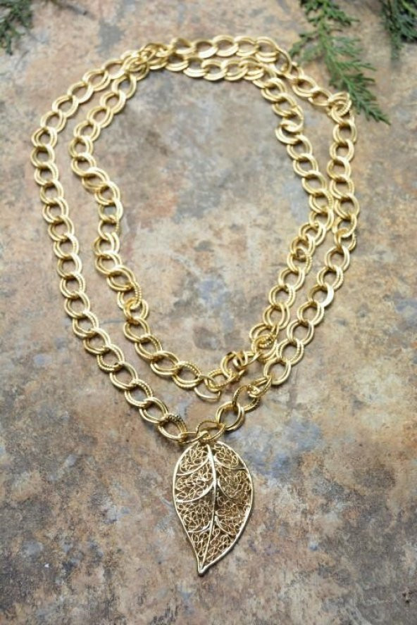STONEAGE JEWELLERY Altın Kaplama Yaprak Uzun Bayan Kolye - 2