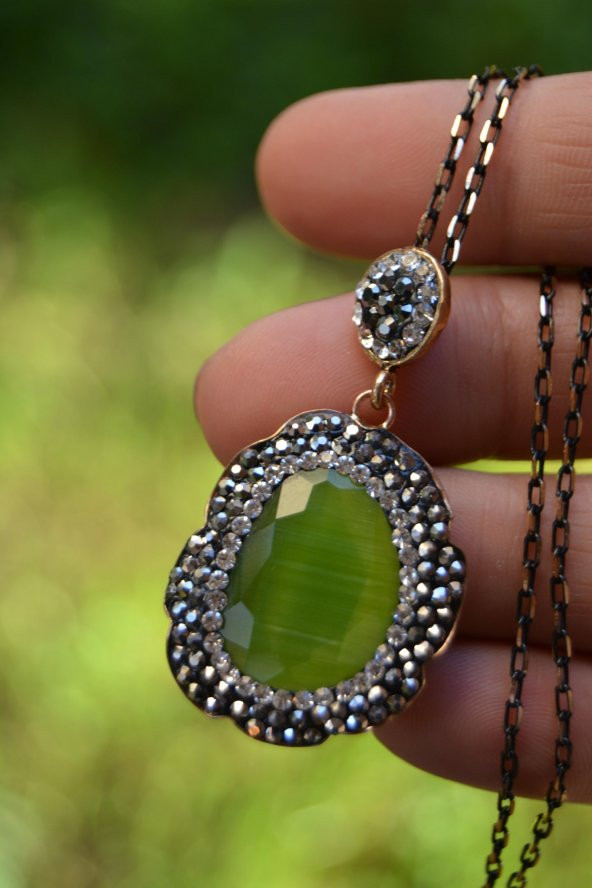 STONEAGE JEWELLERY Bayan Kolye Kedi Gözü Fıstık Yeşili - 1