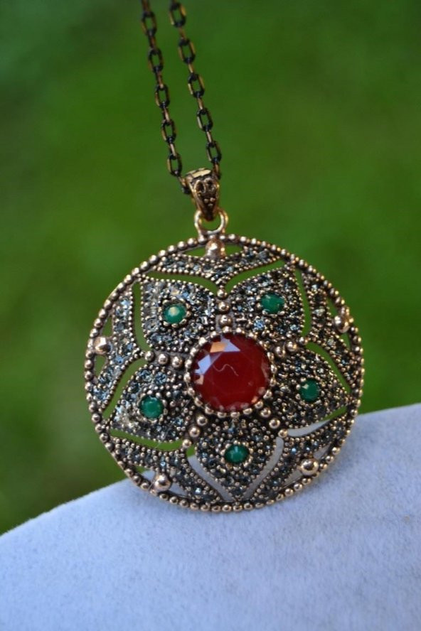 STONEAGE JEWELLERY Kök Zümrüt Kök Yakut Taşlı Otantik Kolye - 2