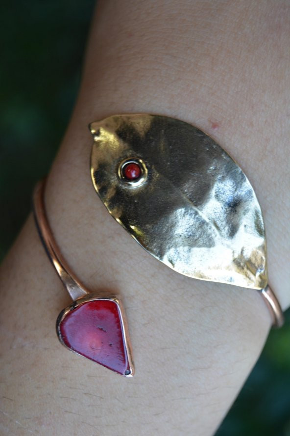 STONEAGE Kırmızı Mercan Taşlı Yaprak Tasarım Bayan Bileklik - Resim 3