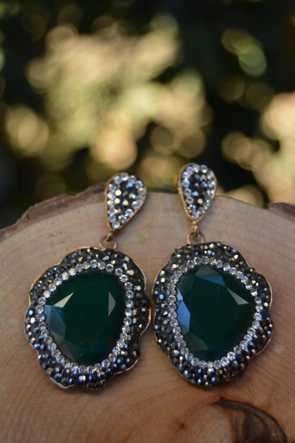 STONEAGE Özel Tasarım Yeşil Kristal Taşlı Bayan Küpe ürün görseli