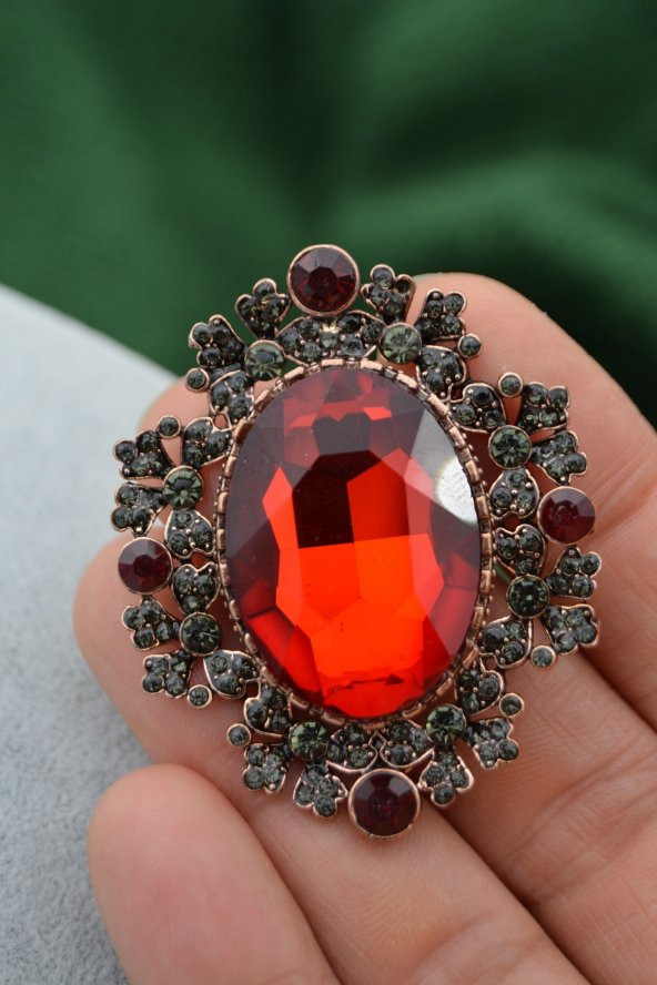 STONEAGE Yakut ve Zirkon Taşlı Broş Kolye Zincir Hediyeli - 4