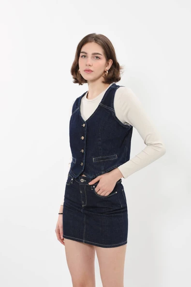 Kadın V Yaka Düğmeli %100 Pamuk Jean Yelek