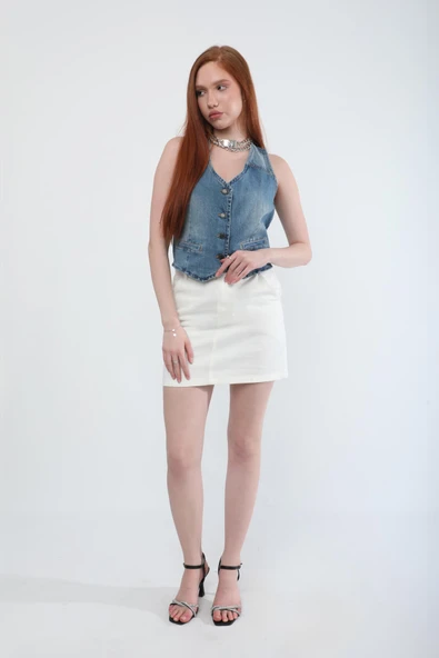 Kadın V Yaka Düğmeli %100 Pamuk Jean Yelek - Resim 11