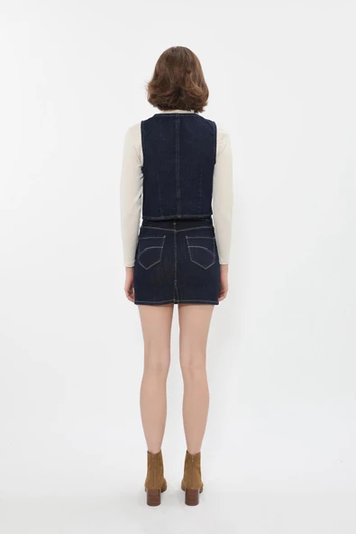 Kadın V Yaka Düğmeli %100 Pamuk Jean Yelek - 7