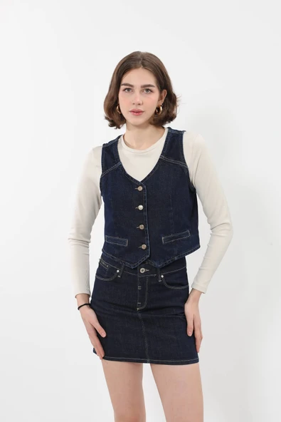 Kadın V Yaka Düğmeli %100 Pamuk Jean Yelek - 4