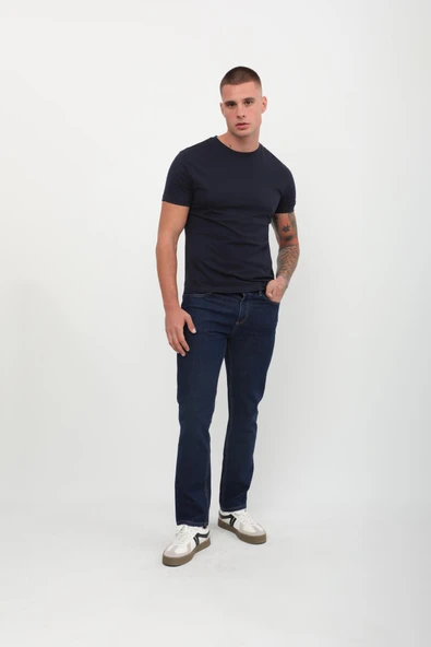 Erkek Düz Kesim Likralı Slim Fit Lacivert Jean Pantolon - 4
