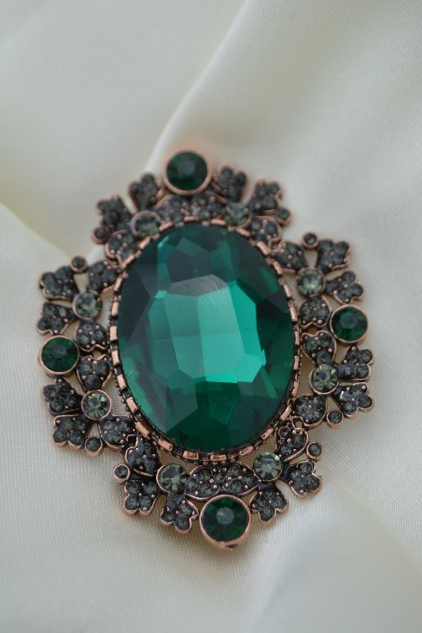 STONEAGE Zümrüt ve Zirkon Taşlı Yeşil Broş - 2