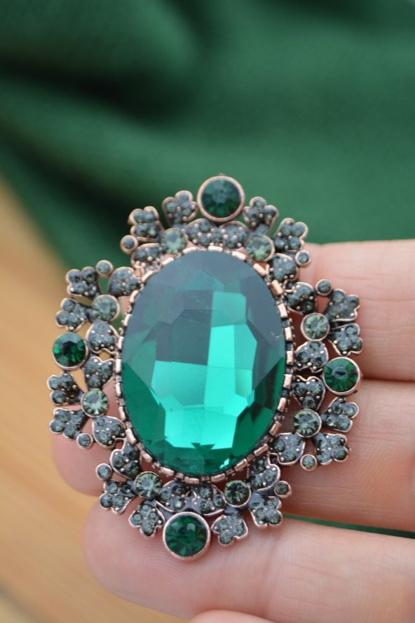 STONEAGE Zümrüt ve Zirkon Taşlı Yeşil Broş - 3