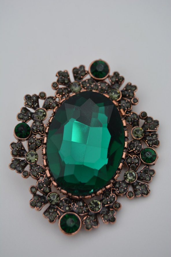 STONEAGE Zümrüt ve Zirkon Taşlı Yeşil Broş - 5