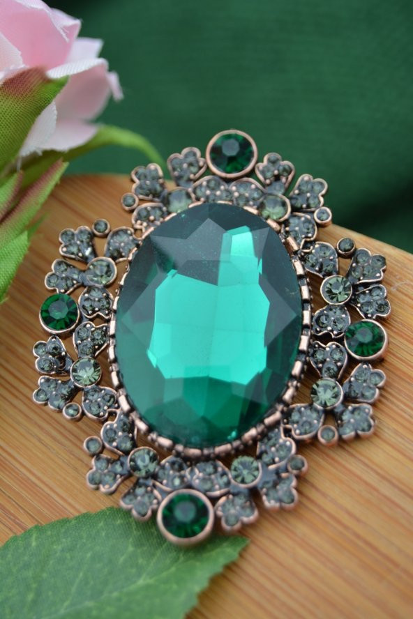 STONEAGE Zümrüt ve Zirkon Taşlı Yeşil Broş - 7