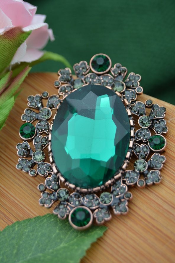 STONEAGE Zümrüt ve Zirkon Taşlı Yeşil Broş - 8