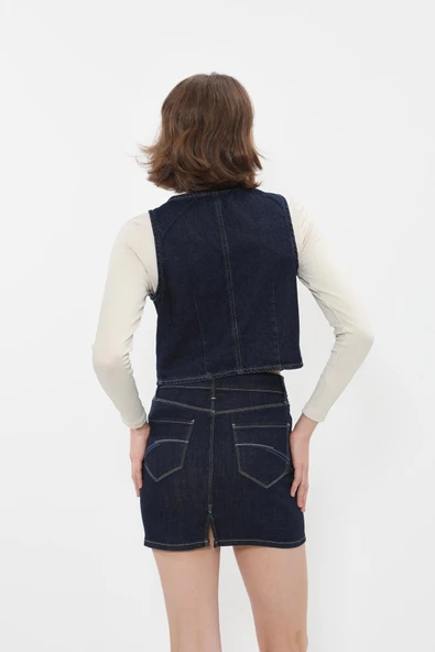 Kadın V Yaka Düğmeli %100 Pamuk Jean Yelek - 5