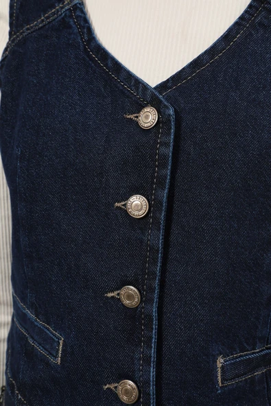 Kadın V Yaka Düğmeli %100 Pamuk Jean Yelek - 8