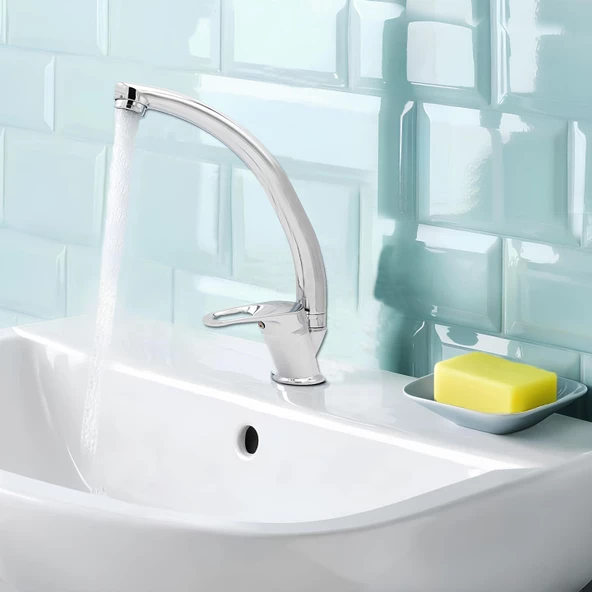 Vista Mix Uzun Batarya Krom Lavabo Banyo Mutfak Musluğu Musluk Mermer Tezgah Üstü Çift Su Giriş Evye - 4