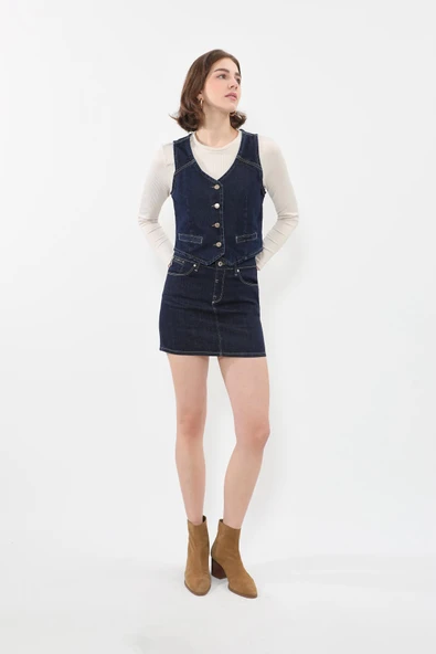 Kadın V Yaka Düğmeli %100 Pamuk Jean Yelek - 3