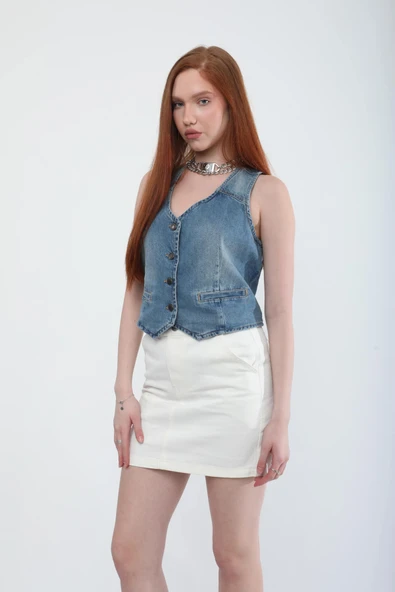 Kadın V Yaka Düğmeli %100 Pamuk Jean Yelek - Resim 9