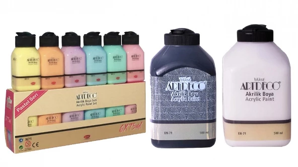 Akrilik Boya 6x75ml Pastel Renkler + 500ml Beyaz+ 500ml Siyah