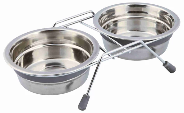 Trixie Köpek Mama Su Kabı, Tıkırtısız, Paslanmaz Çelik, 2 x 0,45 lt/ø 13 cm, Gri