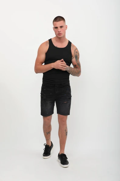 Erkek Boyalı Yırtık Jean Şort Siyah - 3