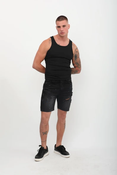 Erkek Boyalı Yırtık Jean Şort Siyah - 2