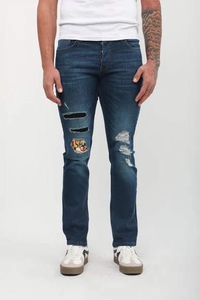 Erkek Straight Fit Yama Detaylı Jean Pantolon