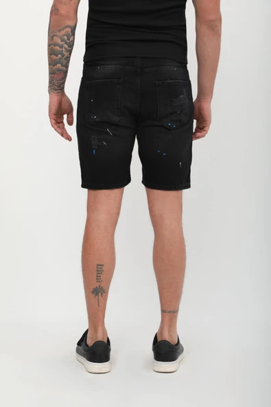 Erkek Boyalı Yırtık Jean Şort Siyah - 6