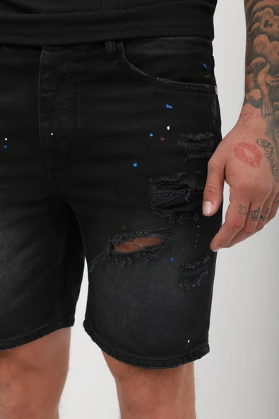Erkek Boyalı Yırtık Jean Şort Siyah - 7