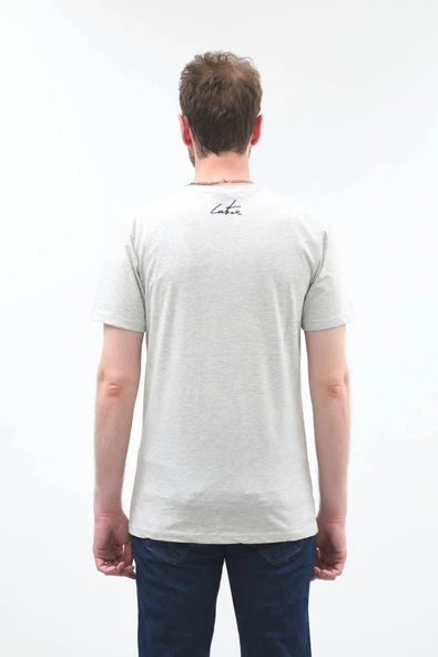 Erkek Açık Gri Couture Baskılı Bisiklet Yaka T-shirt - 4