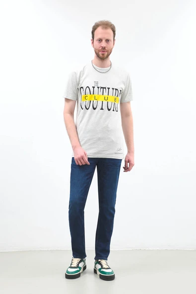 Erkek Açık Gri Couture Baskılı Bisiklet Yaka T-shirt - 2