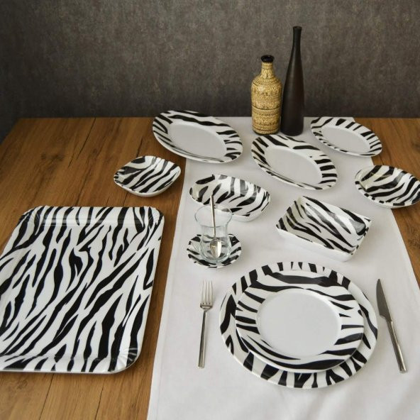 6 Kişilik 32 Parça Melamin Kahvaltı Takımı : Siyah Zebra
