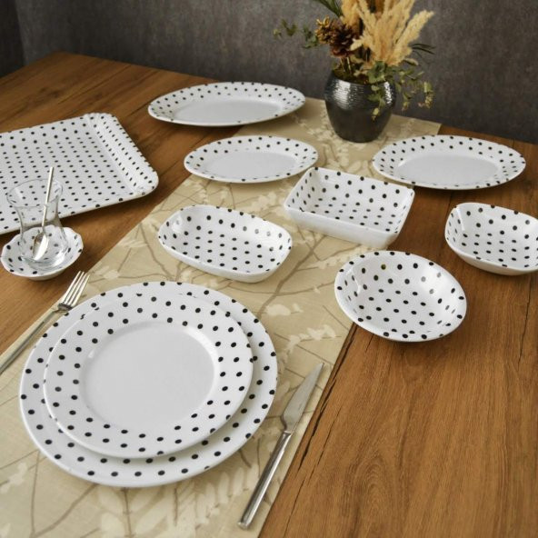 6 Kişilik 32 Parça Melamin Kahvaltı Takımı : Siyah Puantiye