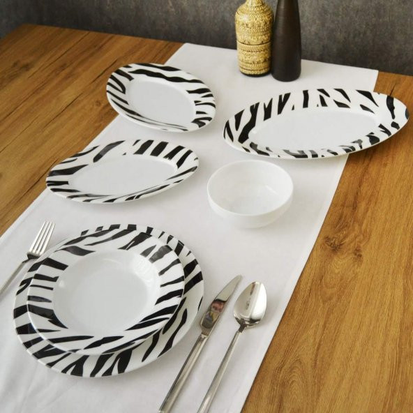 4 Kişilik 15 Parça Melamin Yemek Takımı : Siyah Zebra